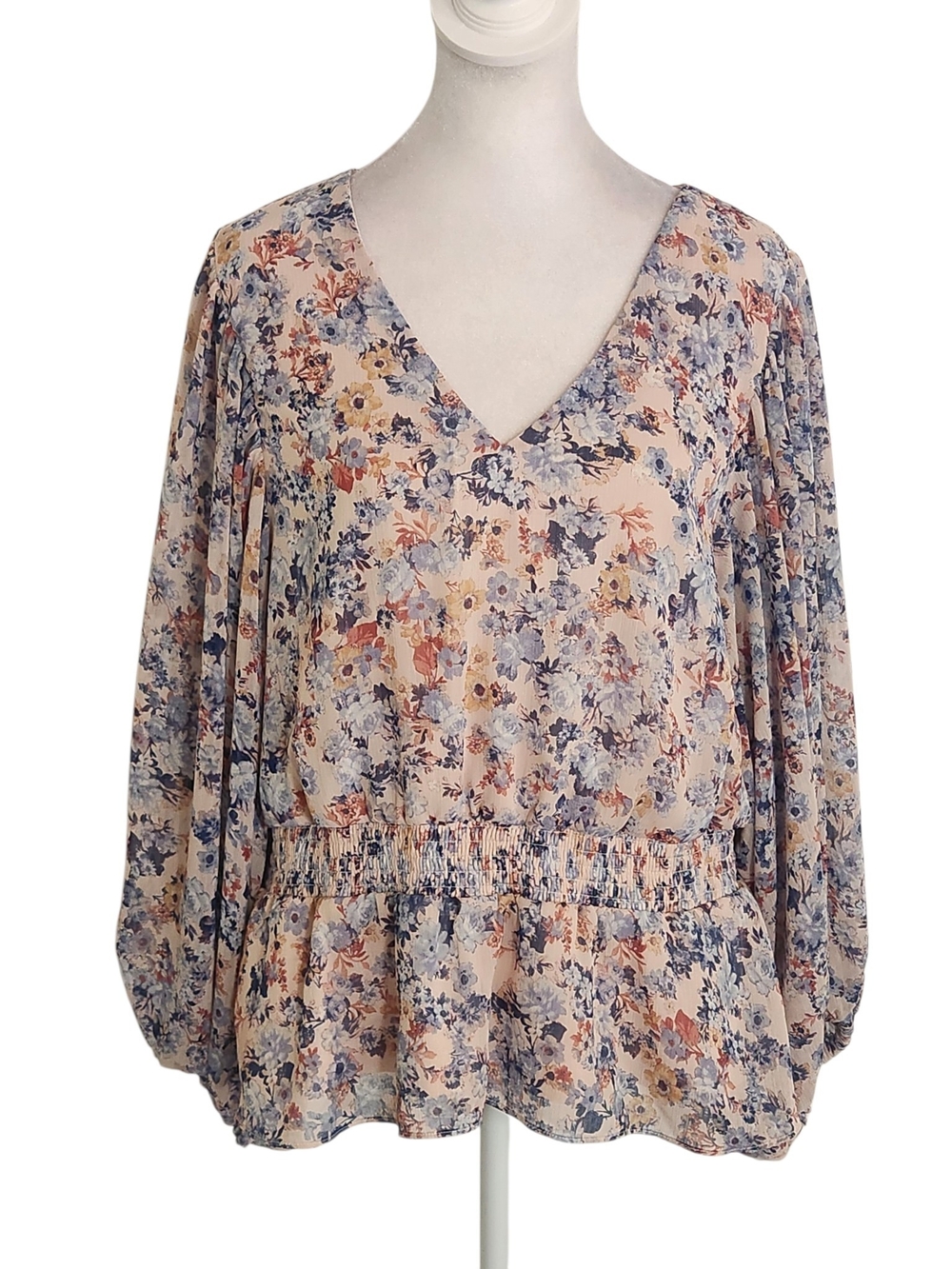 1.State Pink and Blue Floral Print Blouse with Smocked Waist Size XL